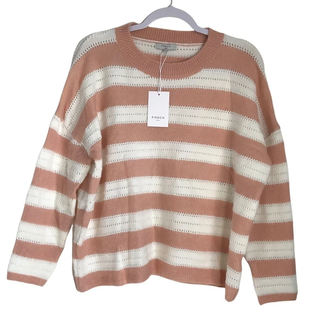 FRNCH Paris  Long Sleeve Pullover Sweater Crew Neck Striped White/Tan SZ S/M